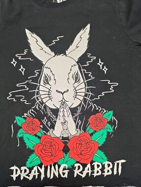 Praying Rabbit Graphic Tee - Black with Red & Green Artwork~Small Super Cool Art